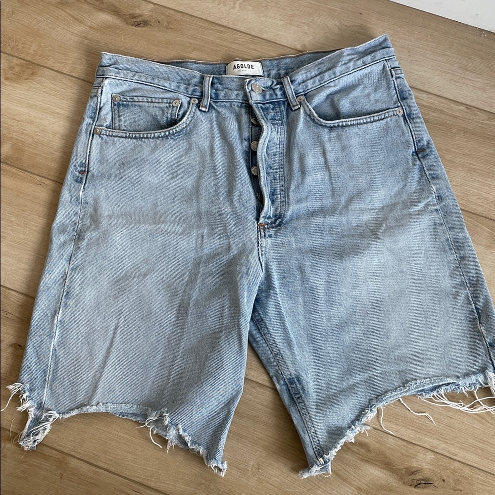 Agolde Faded Blue Denim Frayed Shorts